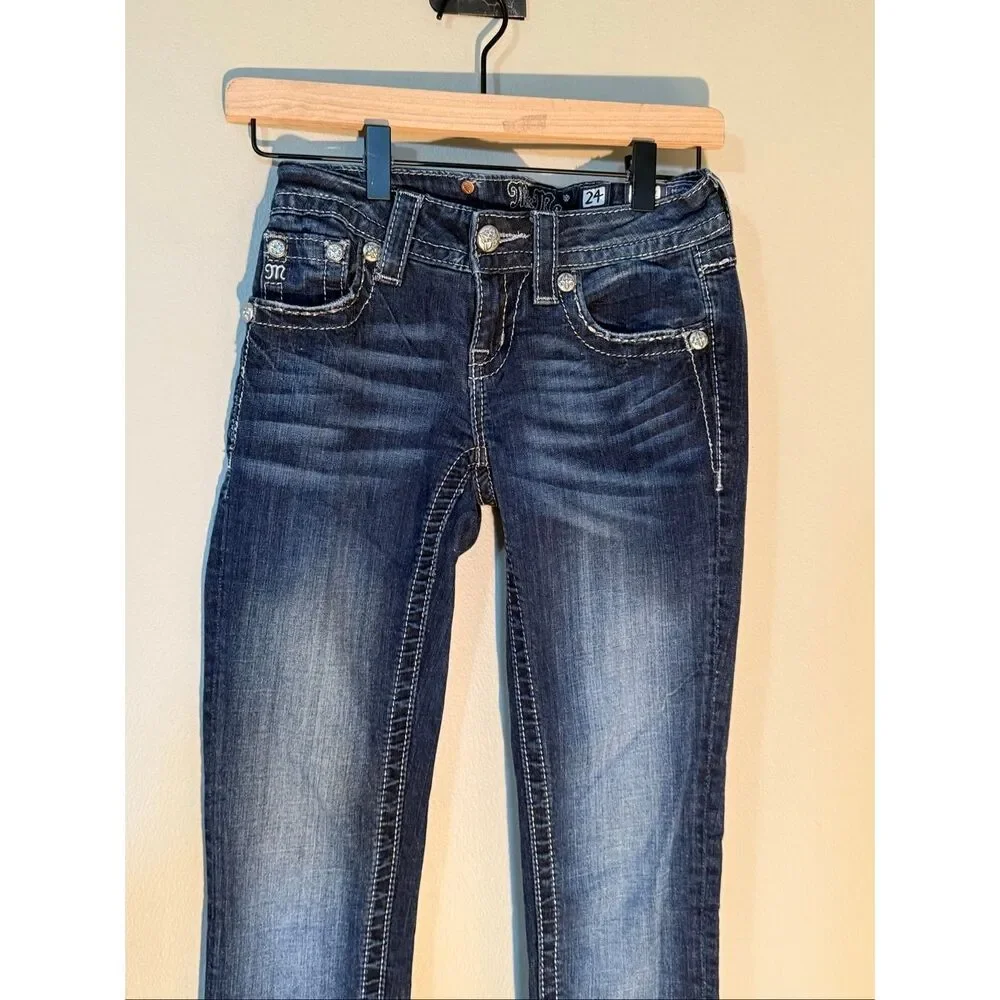 Miss Me Angel Wing Bling Embellished Flap Pocket Skinny Jeans Dark Denim Size 24